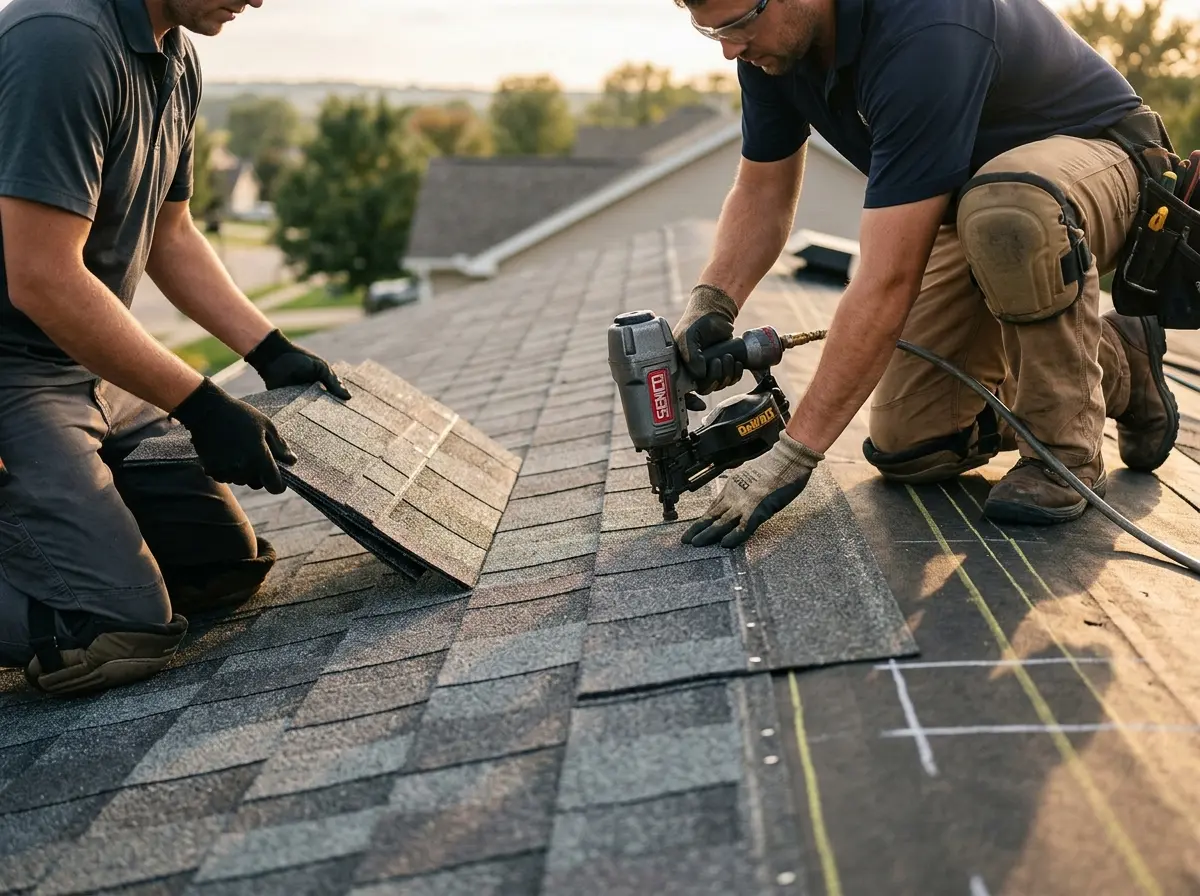 Professional roofer working on a residential roof in Crawford